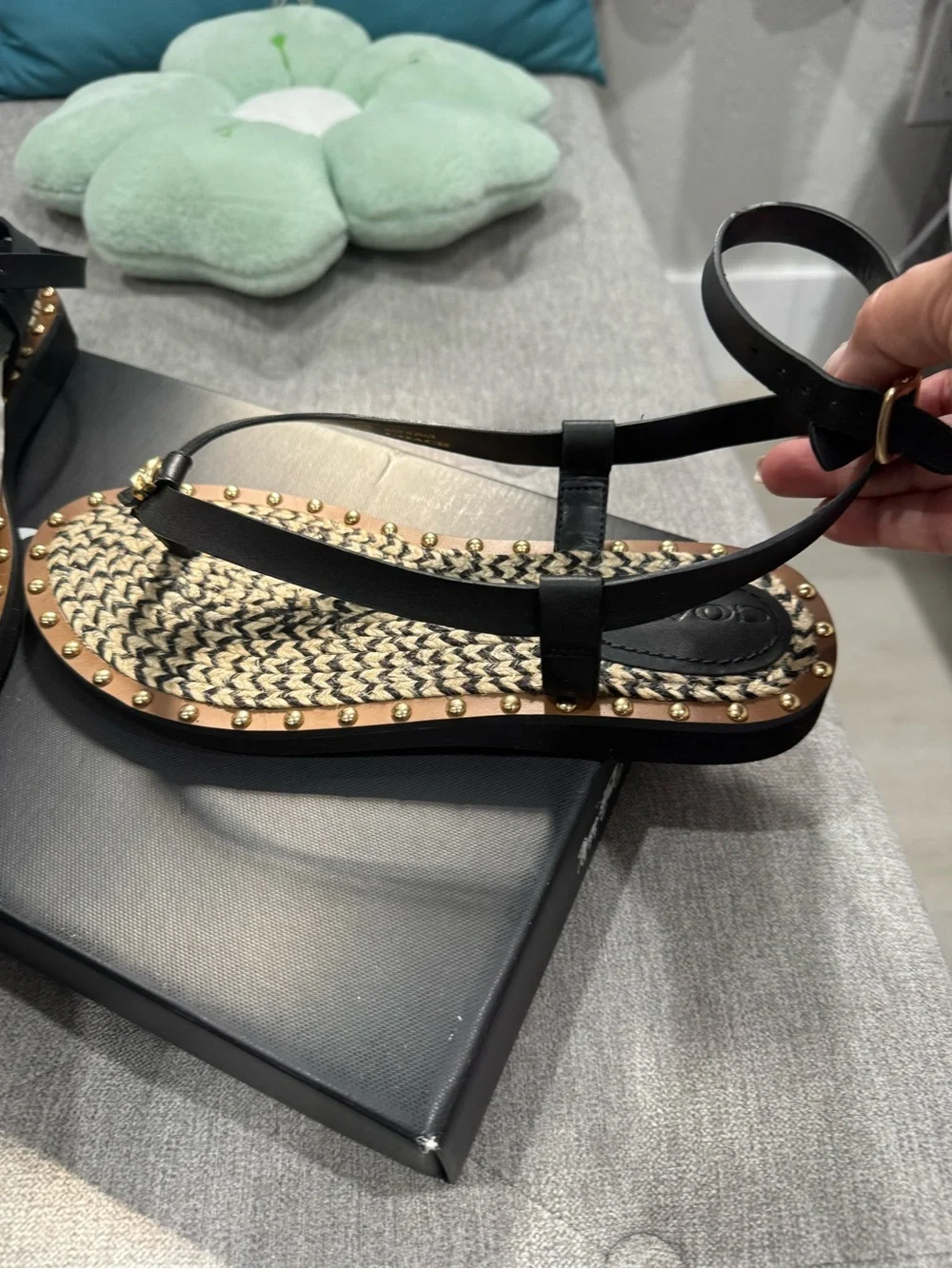 Women's Black Strappy Studded Espadrille Sandals